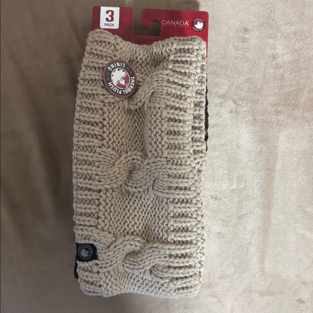 3Pack Thermal Plush Lining Knit Headband-Tan,Black & Brown Canada Weather Gear